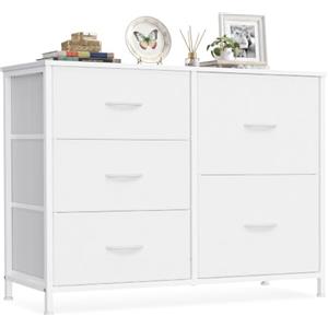 SONGMICS Cassettiera con 5 Cassetti in Tessuto, Struttura in Acciaio, Mobiletto Portaoggetti, 98,7 x 30 x 74,7 cm, per Camera da Letto, Soggiorno, Bianco Nuvola, Collezione Bellah LGS235W101