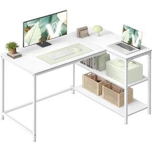 VASAGLE Scrivania Angolare a L, Scrivania Gaming per Computer con Scaffale Reversibile, Ripiano Regolabile in Altezza, per Studio Ufficio, 110 x 80 cm, Bianco Acero LWD135WF01
