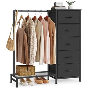 SONGMICS Stand Appendiabiti con Cassettiera, Armadio Aperto con 5 Cassetti in Tessuto e Barra, Ripiano Inferiore, 96,2 x 30 x 117,7 cm, Nero Inchiostro, Collezione BELLAH LGS423B101