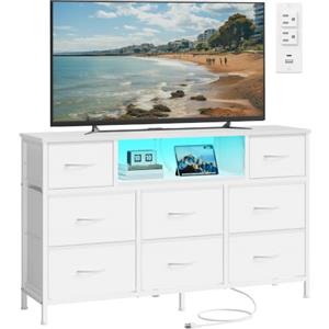 SONGMICS Cassettiera con 8 Cassetti, Mobile Porta TV in Acciaio e Tessuto, con Luci LED, Prese CA e USB, 113,8 x 30 x 68,1 cm, Bianco Nuvola, per Camera da Letto, Collezione Bellah LGS433WH02
