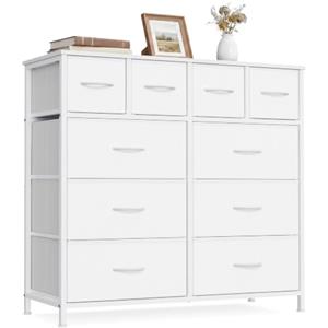 SONGMICS Cassettiera con 10 Cassetti in Tessuto, Mobiletto Organizer, Struttura in Acciaio, per Camera da Letto, Soggiorno, 98,7 x 30 x 96,2 cm, Bianco Nuvola, Collezione BELLAH LGS236W101