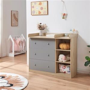 [en.casa] Cassettiera con Piano Fasciatoio Rimovibile Scaffale per la Cura del Bambino Neonato con 3 Cassetti e 3 Scomparti Aperti per Cameretta 93 x 110 x 55 cm - Effetto Rovere/Grigio