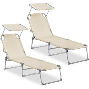 SONGMICS Sedie a Sdraio Pieghevoli, 189 x 53 x 28,5 cm, Lettini Prendisole, Portata 110 kg Ciascuno, Parasole e Schienale Regolabili, per Terrazza e Balcone, Set da 2, Beige GCB294WZ02