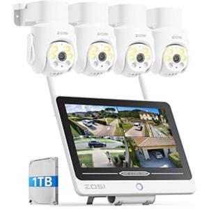 ZOSI 5MP WiFi 6 Kit di Telecamere di Sorveglianza per Esterni con Monitor da 12" 1TB HDD, Telecamera Dome PTZ a 360°, Rilevamento e Tracciamento Persone AI, Audio Bidirezionale