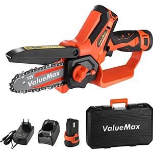 ValueMax Mini Motosega a Batteria da 12 V, Piccola Motosega da 11 cm con 2 Batterie e Caricabatterie, Include Motosega Portatile a Batteria con Blocco di Sicurezza per Alberi e Rami