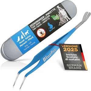 BluePet 2in1 Leva per zecche e pinzetta per zecche in acciaio inox - Rimuovi zecche affidabile per cani, gatti, cavalli e umani - Gancio per zecche - Perfetto per qualsiasi kit di emergenza per zecche