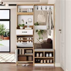 Kebnor Armadio da corridoio moderno con scarpiera e panca, guardaroba con ganci, 1 cassetto, 1 scomparto a ribalta e 1 anta e spazio aperto, colore rovere/bianco, 108,5 x 35 x 180 cm (rovere + bianco)