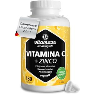 Vitamaze - amazing life Vitamina C 1000mg (6 Mesi) + Zinco + Bioflavonoidi, 180 Compresse, 1 Compresse per Giorno, Vegan Vitamina C Pura Dose Forte, Qualità Tedesca, Integratore Alimentare senza Additivi. Vitamaze®