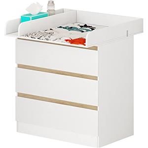 WOLTU Cassettiera con Fasciatoio per Bambini, Cassettiera a 3 Cassetti, Fasciatoio con Divisorio Rimovibile, in MDF, Truciolare e Metallo, Bianco+Rovere