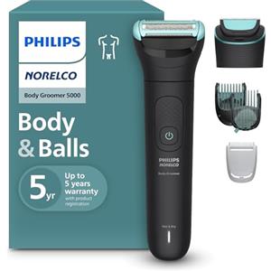 Norelco Philips Norelco Body Groomer 5000 Series, rasoio e regolabarba per capelli intimi da uomo con finiture intercambiabili e regolabili, testine di rasatura integrali, 100% impermeabile, BG5490/50