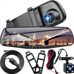 Retoo Dash Cam Specchietto Retrovisore 4,3 Pollici Full HD 1080P con telecamera per la retromarcia con visione notturna, registrazione in loop e display da 170° 120° posteriore, doppia auto