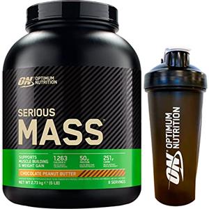 Optimum Nutrition Serious Mass Gainer Proteine Whey in Polvere per la Massa Muscolare con Creatina Glutammina e Vitamine Cioccolato Burro di Arachidi 2,73kg 8 Porzioni + Shaker