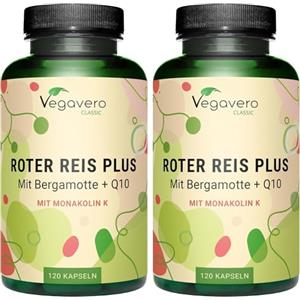 Vegavero Riso Rosso Fermentato | 2,9 mg di Monacolina K | Con Coenzima Q10, Bergamotto e Carciofo | Salute Cardiovascolare e Controllo dei Lipidi | Vegan | No OGM | Vegavero® (Confezione da 2)