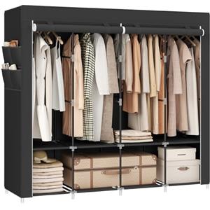 SONGMICS Armadio portatile, organizer per armadio con coperchio, 4 aste e ripiani, 4 tasche laterali, 4 tasche laterali, 45 x 17,9 x 165,7 cm, grande capacità per camera da letto, soggiorno, nero