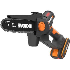 WORX WG327E - Mini motosega a batteria 20 V, lunghezza 15 cm, motore brushless, cambio e tensione senza attrezzi, batteria da 2 Ah e caricatore (compatto, leggero e cura degli arbusti)