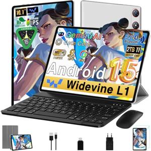 UJJ Gemini AI Tablet 10 Pollici Android 15, 64GB ROM + 2TB TF, Octa-Core2.0GHz, 1280*800 FHD IPS, 5GWiFi,Widevine L1, 5MP+8MP, Bluetooth 5.0, 2026 Tablet con Tastiera, Mouse, Custodia Protettiva - Argento