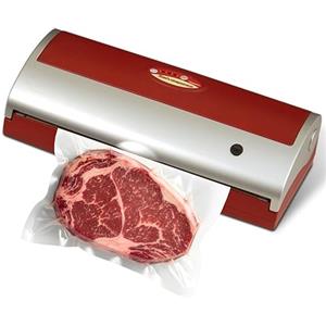 Reber Macchina Sottovuoto Alimenti Salvaspesa 20 Sacchetti 20x30cm Inclusi | Cibi Freschi più a Lungo, Vuoto -830 mbar e Barra Saldante 32 cm, Funzionamento a Ciclo Continuo 180 W - Rosso/Silver
