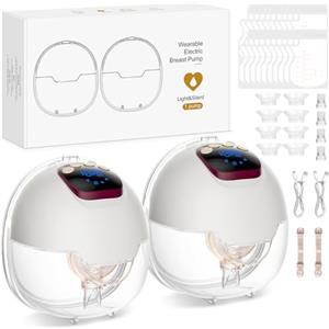 AMIPOW Tiralatte Elettrico Indossabile 4 Modalità e 15 Livelli Tiralatte Portatile con Display a LED, Senza BPA, Elettrico a Mani Libere con Flange da 18/20/22/24 mm (2 Pezzo)
