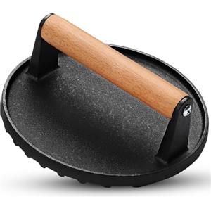 Hi Nature™ Pressa per Hamburger in ghisa da 17,6 cm, Grande Smasher per Hamburger e pesacarne con Manico in Legno Resistente al Calore, con scanalature per Barbecue e padelle, Colore Nero