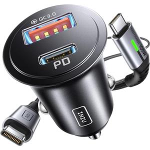 INIU Carica Batteria per Auto, 60W Total Presa Accendisigari USB C PD&QC 3.0 Fast Charge Caricabatterie con [1m] 100W Cavo USB C, Caricatore Auto Compatibile con iPhone 16 15 Pro Max iPad Samsung S25