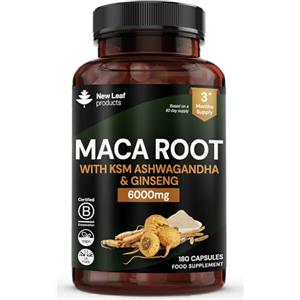 NEW LEAF PRODUCTS New Leaf Maca Peruviana, Ashwagandha KSM-66 e Ginseng 6000mg - 180 Capsule | con Ashwagandha KSM-66, Panax Ginseng e Pepe Nero, 6000mg per Porzione, Capsule Vegane, Scorta 3 Mesi, Made in UK