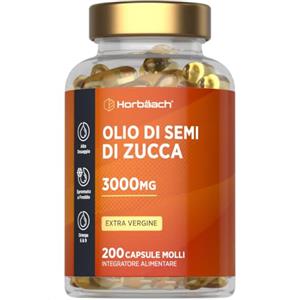 Horbäach Olio di Semi di Zucca Capsule 3000 mg | Pumpkin Seed Oil Integratore | Spremuto a freddo ed extravergine | 200 capsule molli | Horbaach