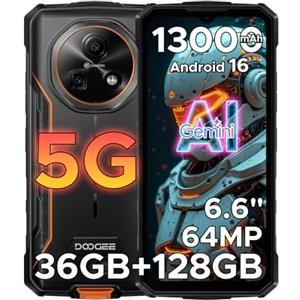 DOOGEERugged FIRE 7 Rugged Smartphone 5G, 13000 mAh Telefono Indistruttibile Android 16, 6,6" +90Hz, 36GB+128GB, Fotocamera da 64 MP, MediaTek Dimensity 6300/IP68/IP69K/MIL-STD-810H, NFC