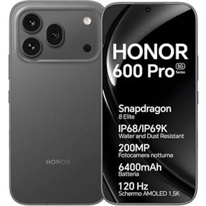 HONOR 600 Pro 5G Smartphone Cellulare, 12+512GB, 6,57" 120Hz AMOLED, Fotocamera Tripla 200MP, Batteria 6400mAh, Ricarica Rapida 80W, IP68/IP69K, Snapdragon 8 Elite