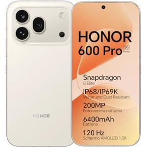 HONOR 600 Pro 5G Smartphone Cellulare, 12+512GB, 6,57" 120Hz AMOLED, Fotocamera Tripla 200MP, Batteria 6400mAh, Ricarica Rapida 80W, IP68/IP69K, Snapdragon 8 Elite