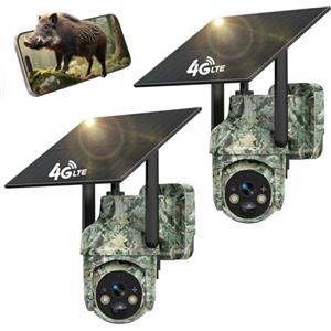 LEMNOI Fototrappola 4G Solare con SIM Preinstallate, Fotocamera da Caccia con Pannello Solare, Telecamera Esterna 2K PTZ Impermeabile con Visione Notturna a Colori, Rilevamento PIR (2 pezzi)