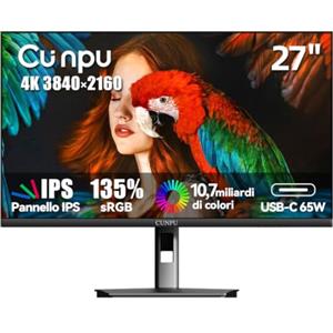 CUNPU 4K Monitor 27 Pollici, 65W USB-C, USB Hub, 122% sRGB △E＜2, HDR, 10,7 Miliardi di Colori, per Design e Lavoro Pro