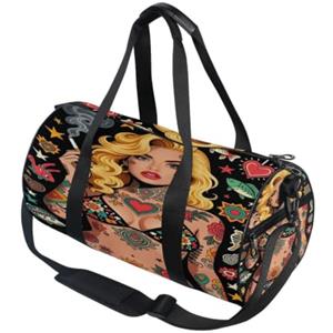 GuoChe Borsone sportivo rotondo leggero con tasca interna borsa da palestra per uomo donna borsone da viaggio sport vintage stile tatuaggio pinup donna floreale mare