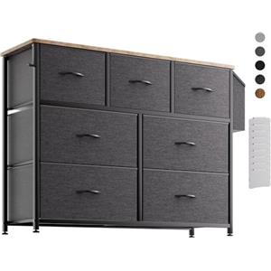 PURFINO Cassettiera in Tessuto - Cassettiere Stoffa con 7 Grandi Cassetti, Etichette, Tasca Laterale e Gancio per Soggiorno, Corridoio, Camera da Letto (Grigio Scuro)