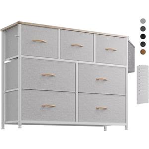 PURFINO Cassettiera in Tessuto - Cassettiere Stoffa con 7 Grandi Cassetti, Etichette, Tasca Laterale e Gancio per Soggiorno, Corridoio, Camera da Letto (Grigio chiaro)
