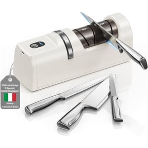 Kiseely Affilacoltelli elettrico, Sistema di affilatura coltelli 5 in 1 con 3 velocità, affilacoltelli professionale ricaricabile con diamante per affilatura grossolana e fine (Bianco UE1)