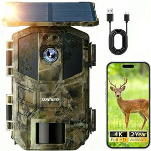 iZEEKER Fototrappola App, 4K UHD 64MP Solare Fotocamera Caccia con Batteria Ricaricabile da 5200mAh, WiFi Bluetooth, Visione Notturna, Impermeabile IP66 per Monitoraggio Fauna
