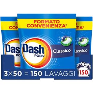 Dash Pods Detersivo Lavatrice In Capsule, 150 Lavaggi (3x50), Classico, Rimuove Le Macchie, Igienizza, Brillantezza Per I Capi