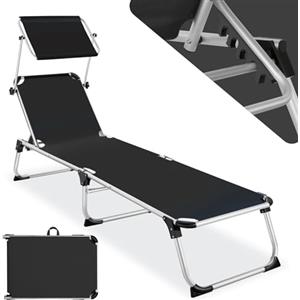 tectake® Sdraio da Spiaggia, Schienale Regolabile in 6 Posizioni, Parasole, Lettino Pieghevole e Trasportabile, Sdraio da giardino, Lettino Prendisole, Pratiche Maniglie (Nero)