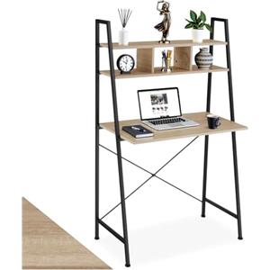 tectake® Scrivania Salvaspazio con Ripiani, Tavolo da Ufficio, Struttura in Metallo, Scrivanie Design Moderno, Tavolo PC, Scrivania Gaming con 3 Scomparti - 85,5x46,5x140 cm - Industriale Legno Chiaro