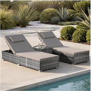tectake® Set 2 x Lettino Prendisole in Polyrattan 62x196x36cm, 2x Sdraio da Giardino, Tavolo in Vetro, Sdraio Prendisole, Schienale Regolabile, Cuscini, Ideale Giardino e Piscina - Grigio