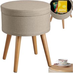 tectake® Sgabello Imbottito con Effetto Lino, Mobile Rotondo, Scompartimento Interno, Gambe in Pino con Feltrini, Design Elegante e Resistente - Sabbia