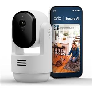 Arlo Essential 3 Indoor 2K PTZ, Telecamera di Sorveglianza WiFi Interno 2K, Rilevamento di AI, Visione Notturna, Audio Bidirezionale, 1 Telecamera, Bianca