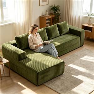 Kuczn Divano angolare modulare a forma di L, in morbido tessuto a coste a 4 posti, divano letto senza gambe con funzione sonno, seduta profonda, senza montaggio, per soggiorno e camera da letto (verde