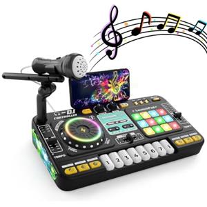 Clickovia Console DJ, Mixer DJ Multifunzionale con Microfono, Oltre 100 Effetti Sonori e Batteria Integrata, Strumento Musicale Interattivo tipo Mixer-DJs con Effetti Luminosi per Principianti