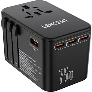 LENCENT Adattatore Universale da Viaggio, GaN 75W Caricatore Rapido | 3 PD 3.0 + 2 QC USB, All in One Presa Internazionale a Muro, Caricabatterie USB per Telefono, Laptop, Spina per USA/AUS/UK/EU