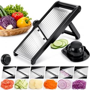Generico EMDIAL Mandolina Affettatrice Professionale-Lame Giapponesi in Acciaio Inox-Taglio Regolabile a Fette, Julienne e Waffle-Base Antiscivolo in Silicone-Tagliaverdure Multifunzionale con Guanti e Spingi
