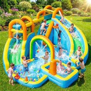 SportBob Gonfiabile per Bambini, Casa Rimbalzante con 2 Scivoli per Bambini, Parco Gonfiabile con Piscina, Area per il Tiro con Palline e Cannone d'Acqua per Giardino, Esterno e Interno