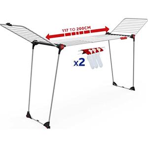 Vileda Stendibiancheria Infinity Flex Plus, stendino allungabile per lenzuola e tovaglie, griglia telescopica estensibile fino a 2 m, 30 m di stenditura, ali alte, ruote, acciaio e alluminio