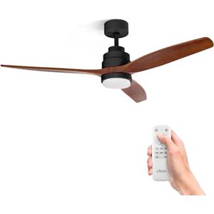 Ufesa Ventilatore da Soffitto con Luce LED, 40W, 6 Velocità, Ultra Silenzioso, 3 Pale in Legno Naturale 132cm, Funzione Estate-Inverno, Timer 8h, 3 Livelli di Luce, Telecomando, Nero - Rovere