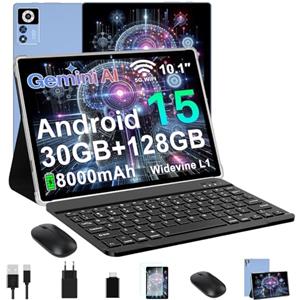 ZIOVO Tablet 10 Pollici Android 15,30GB RAM+128GB ROM(TF 1TB),5G WiFi Tablets,Octa-Core 2.0 GHz/Gemini AI/Widevine L1/8000 mAh/Bluetooth 5.0/GPS/Face ID/2 in 1 Tablet con Tastiera e Mouse-Blu